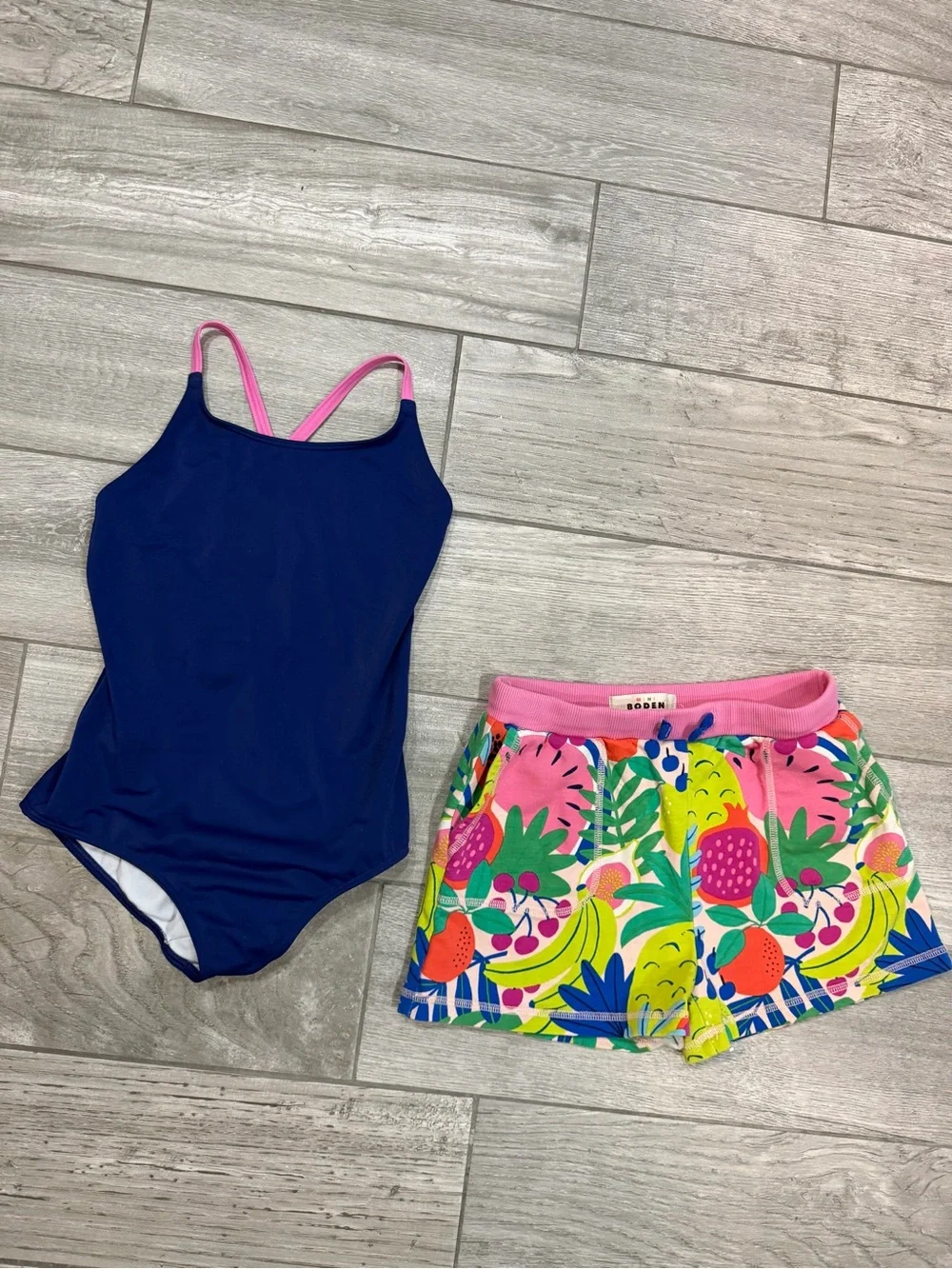 Mini Boden Navy One-Piece Swimsuit Rainbow Back straps and matching fruit shorts